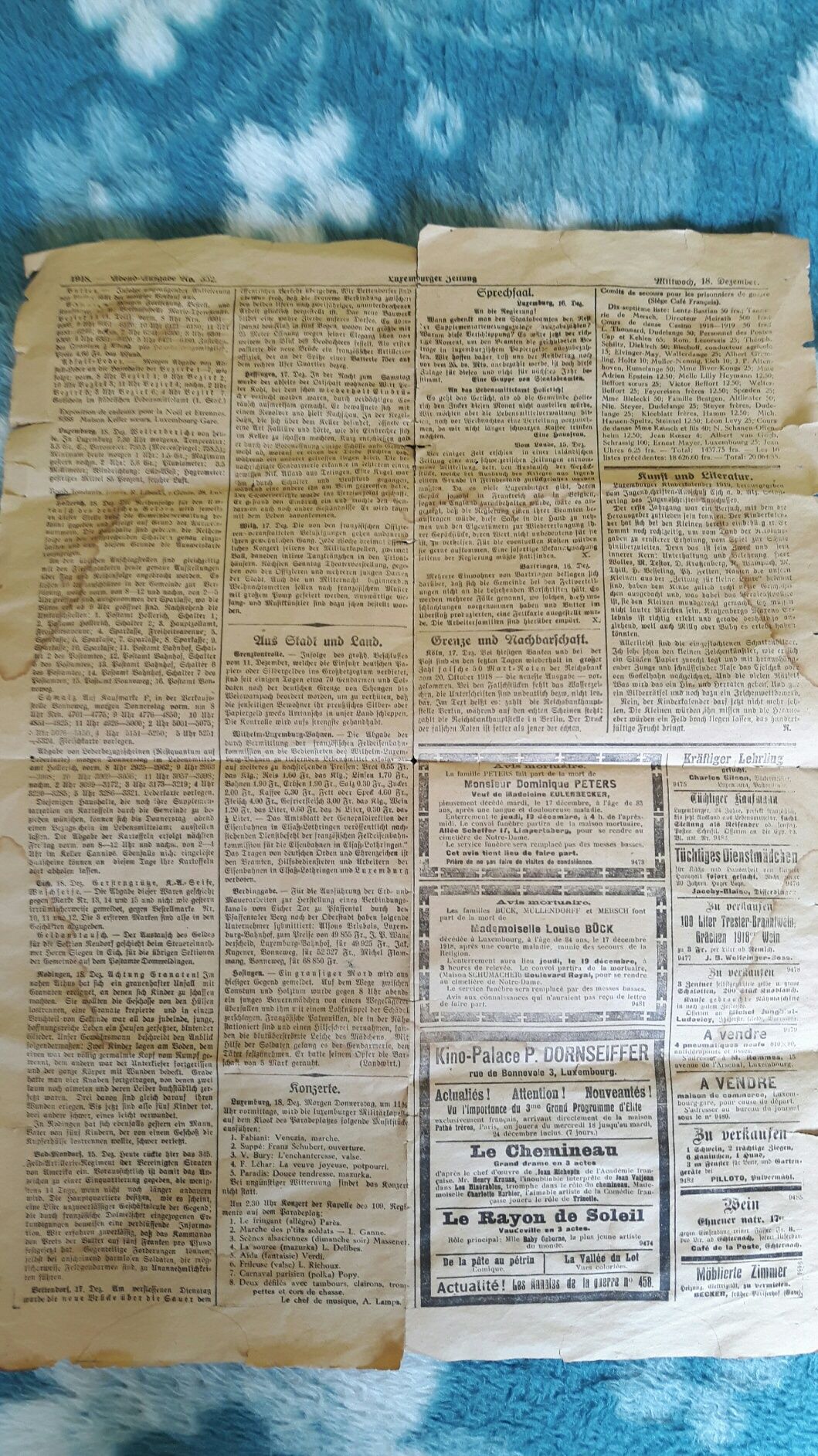 Stara Zabytkowa Gazeta Luksemburg z 1918 roku