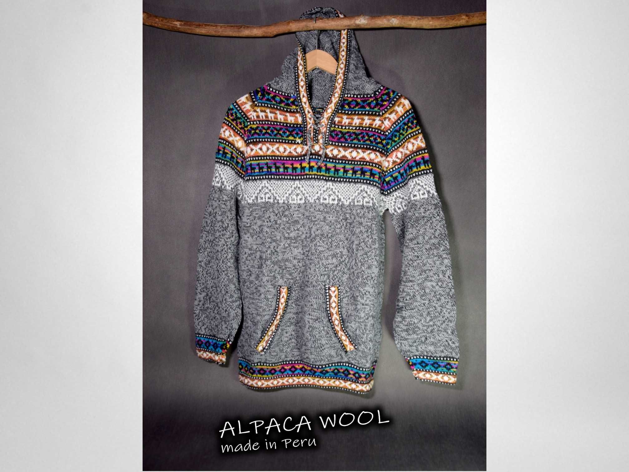 Peruwiański Artesanalne Szaro-Tęczowy Sweter Z Kapturem Unisex Alpaca