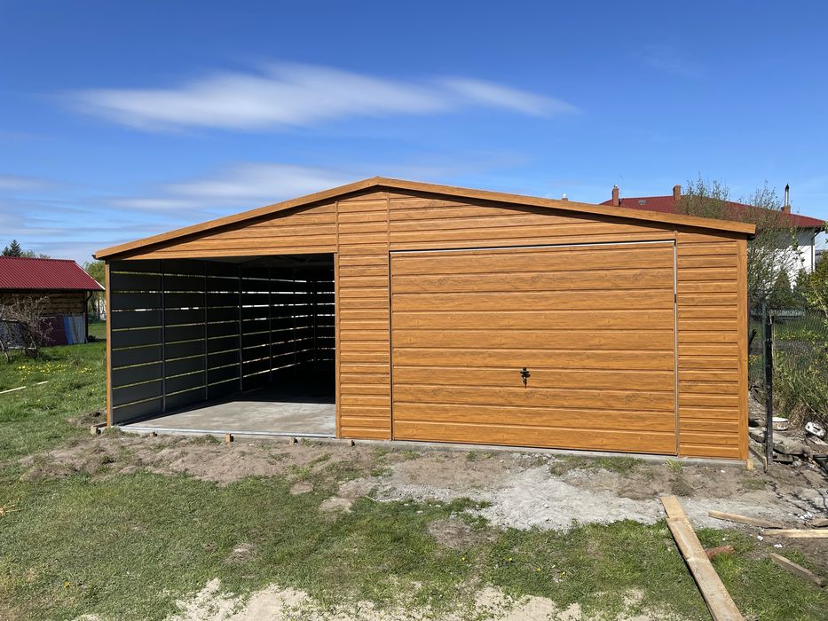 PRODUCENT. Garaż blaszany złoty dąb 4x6 + wiata 3x6