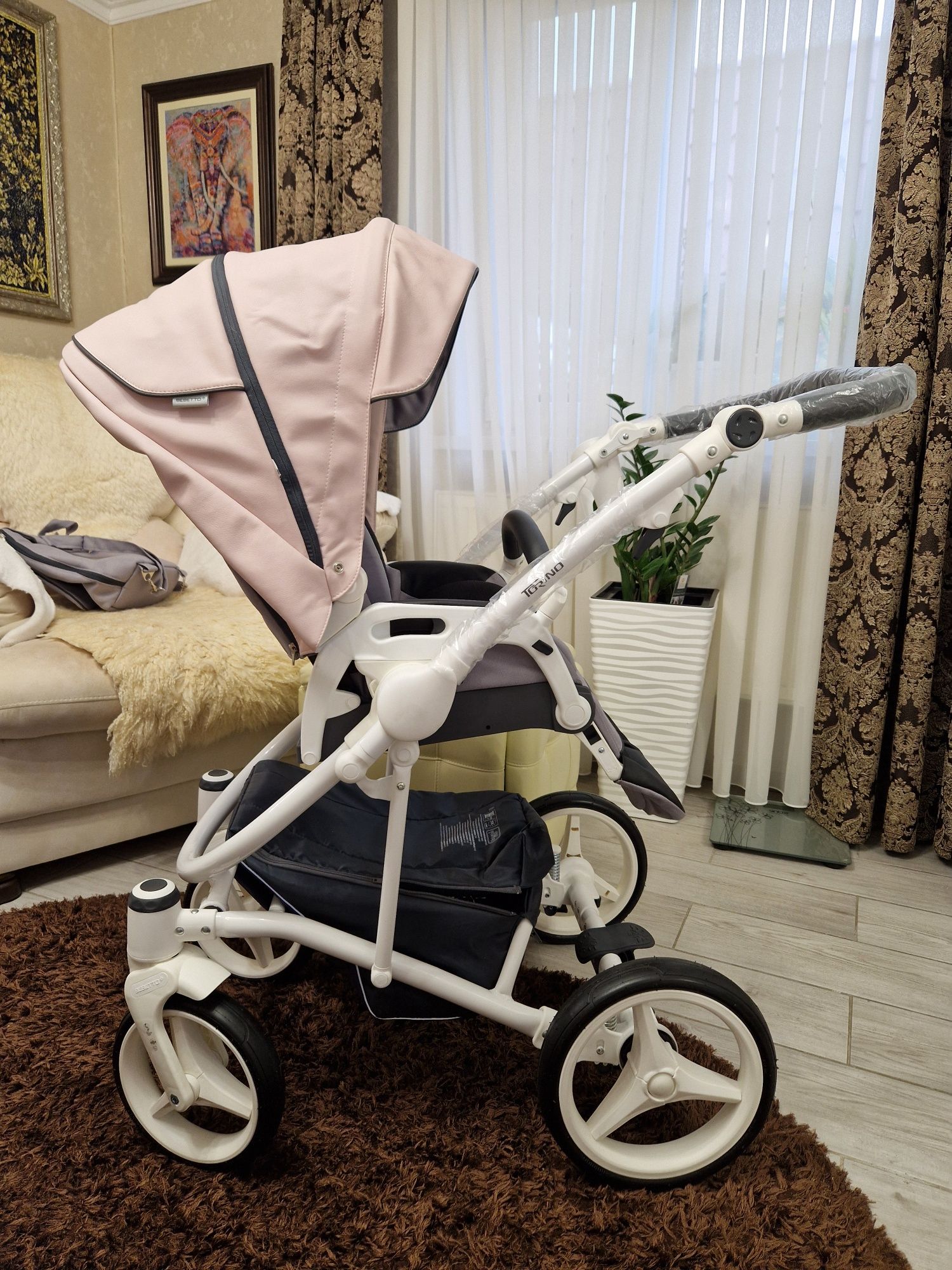 Дитяча коляска Bebetto torino 2 в 1, невживана, сіро рожева, біла рама