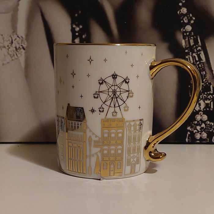 1zł Wysyłka Śliczny glamour kubek ceramiczny z motywem złotych domków