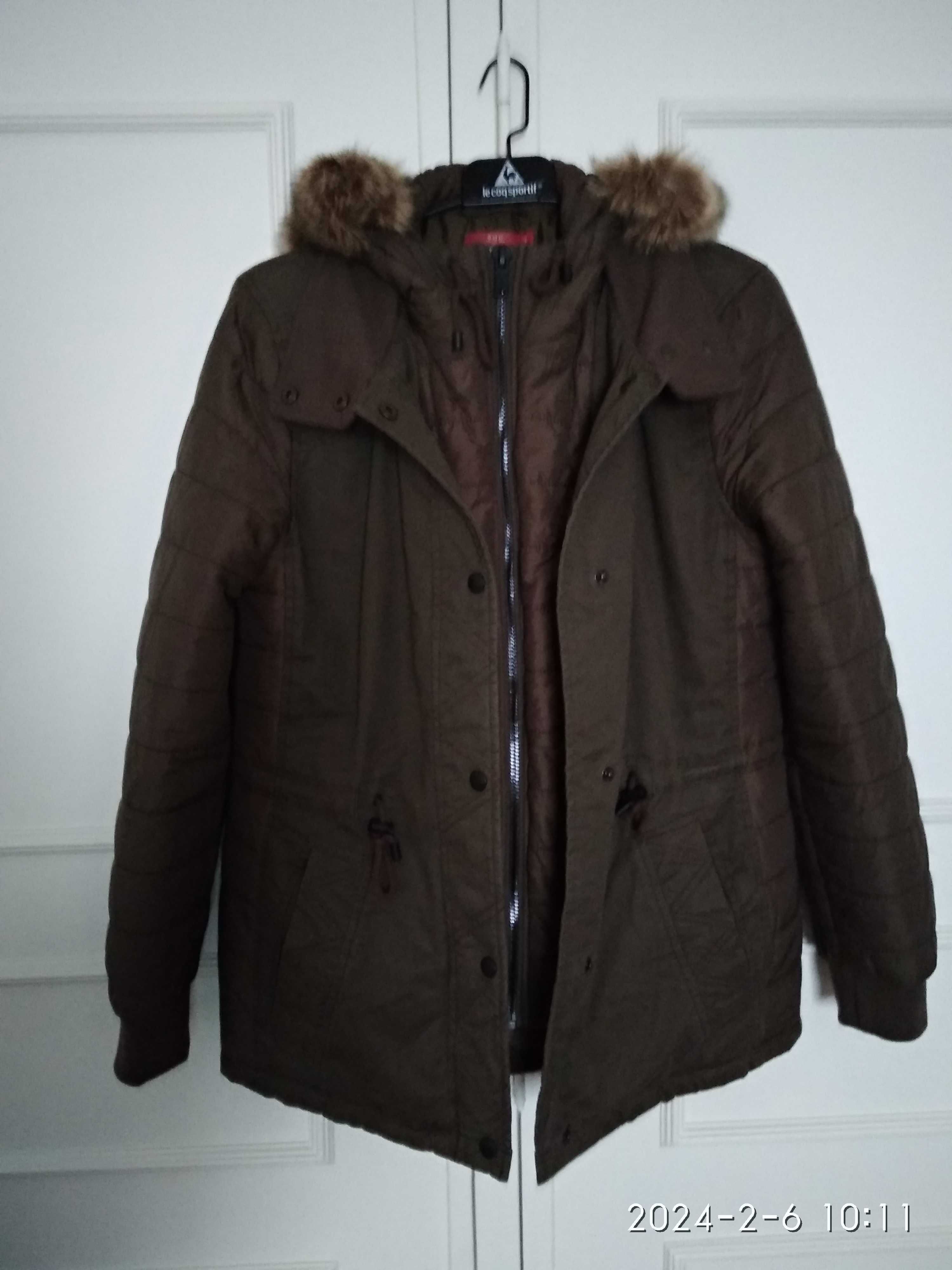 Parka senhora castanha com gorro e pelo,  ESPRIT