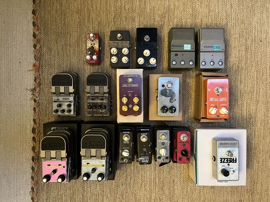 Pedais de efeitos (EHX, Line 6, Surfy, Ibanez, Danelectro, Mooer, etc)