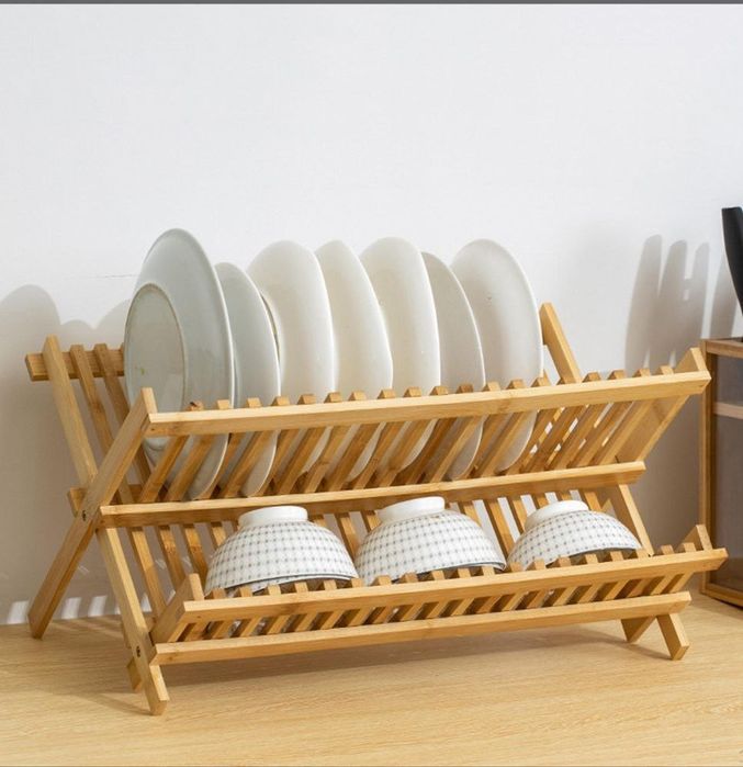 Бамбукова сушарка дворівнева полиця для посуду, розкладна