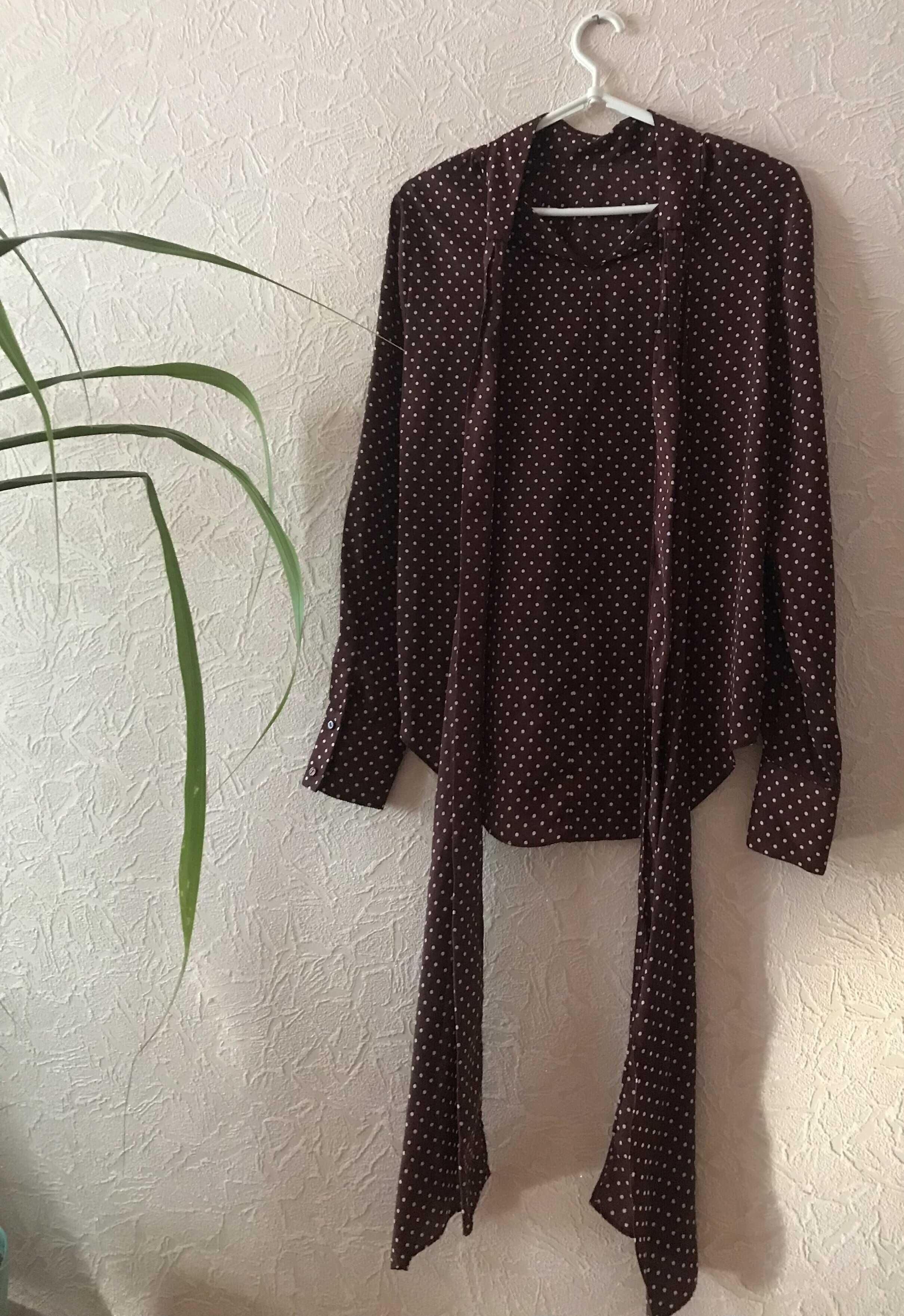 Нарядная коричневая блуза/блузка в горох/в горошек с бантом