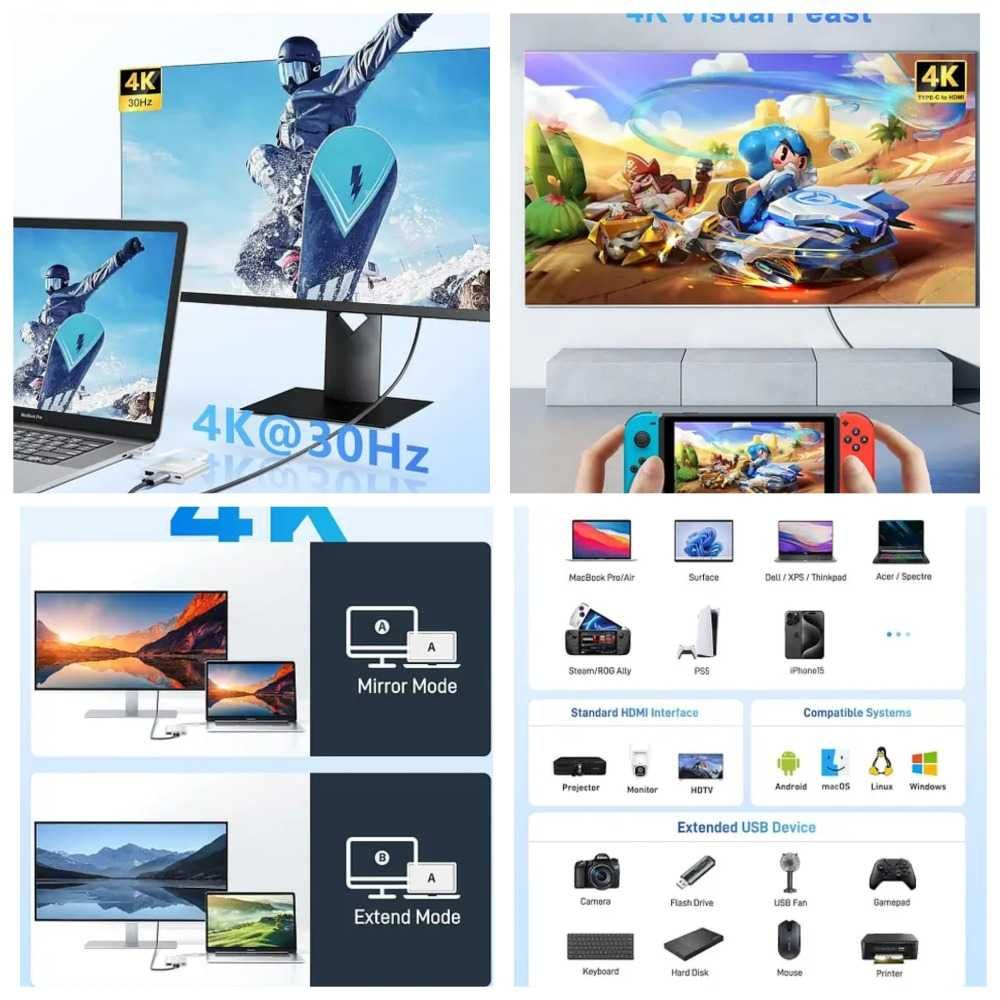 Адаптер Acer USB C - HDMI концентратор USB C 4K, 100 Вт, порт USBA 3.0
