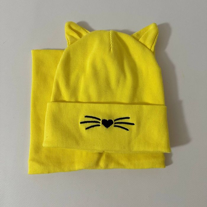 Демісезонний тонкий набір в рубчик з вушками шапка і хомут на дівчинку