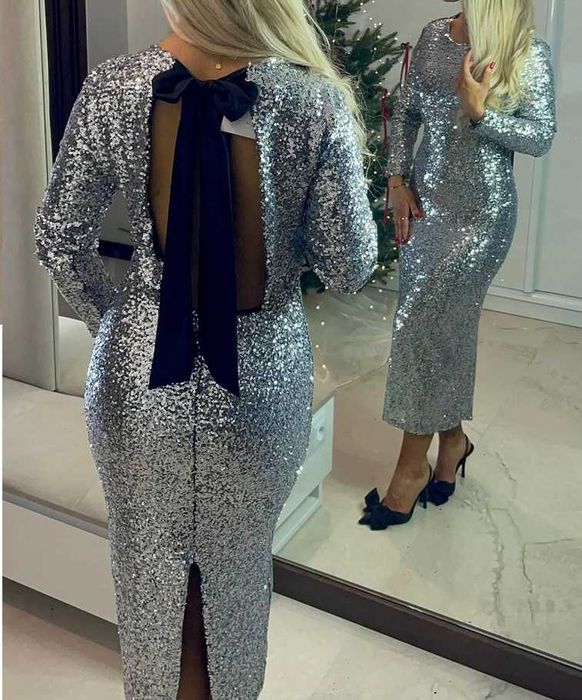 S/M- Damska długa sukienka w cekiny kokardka na plecach