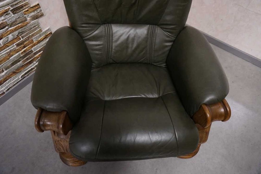 Fotel na Stelażu Dębowym Skóra Naturalna Piękna Zieleń (w-1117)