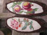 Картина маслом на срезе дерева, роза, персики