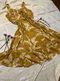 Długa bawełniana sukienka na ramiączkach żółta w liście H&M rozmiar 40