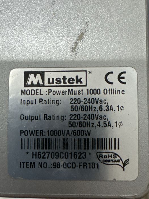 ИБП Mustek PowerMust 1000 Offline (1000VA / 600W), Бесперебойник, UPS