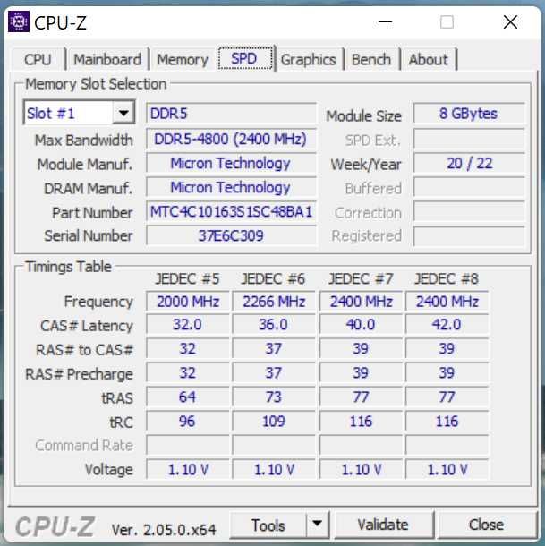 DDR5-4800 (2400 MHz) 2x8GB Micron