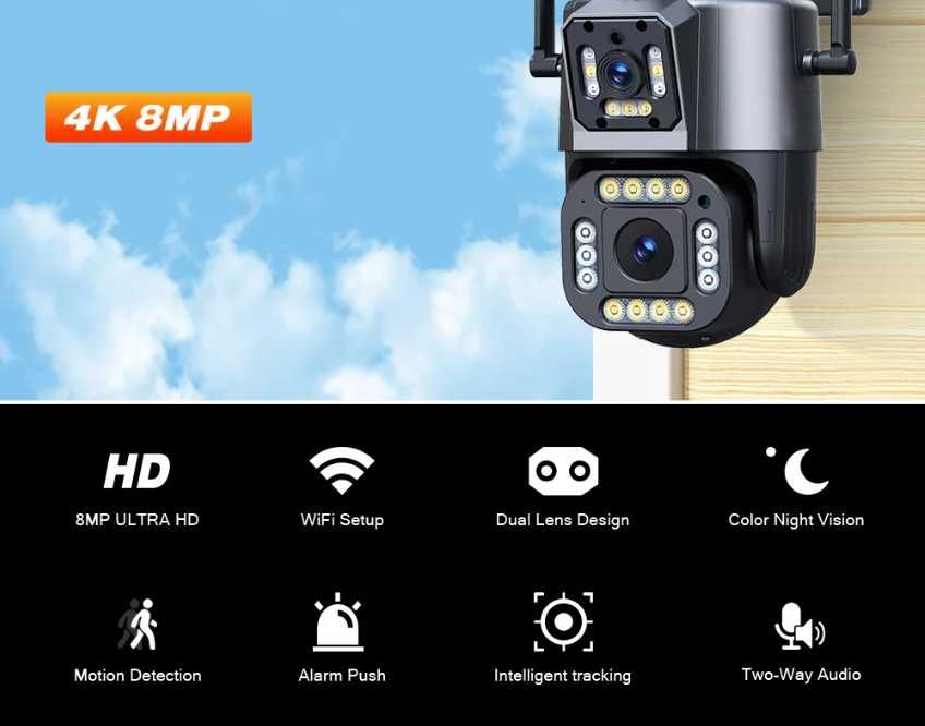 Kamera zewnętrzna 8MP obrotowa IP66 Full HD 355°x90° Wifi 10xZOOM