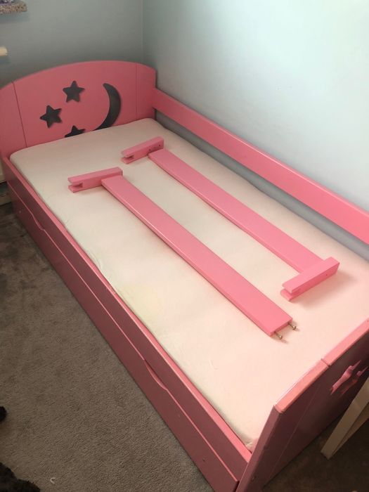 KOMPLET Różowe Łóżko dziecięce 160cmx80cm+materac, barierka i szuflada