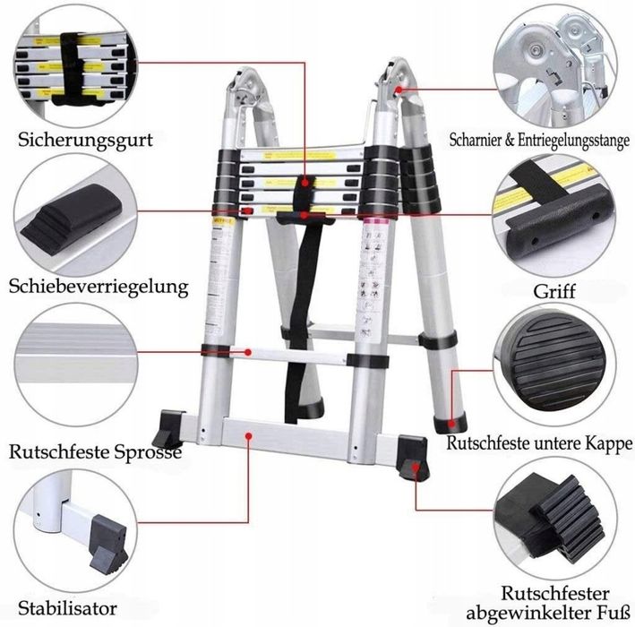 Телескопічна, алюмінієва складна драбина 3,8 м