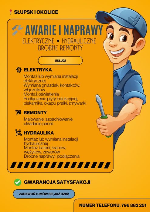 Awarie i naprawy elektryczne, hydrauliczne. Drobne remonty. Słupsk.