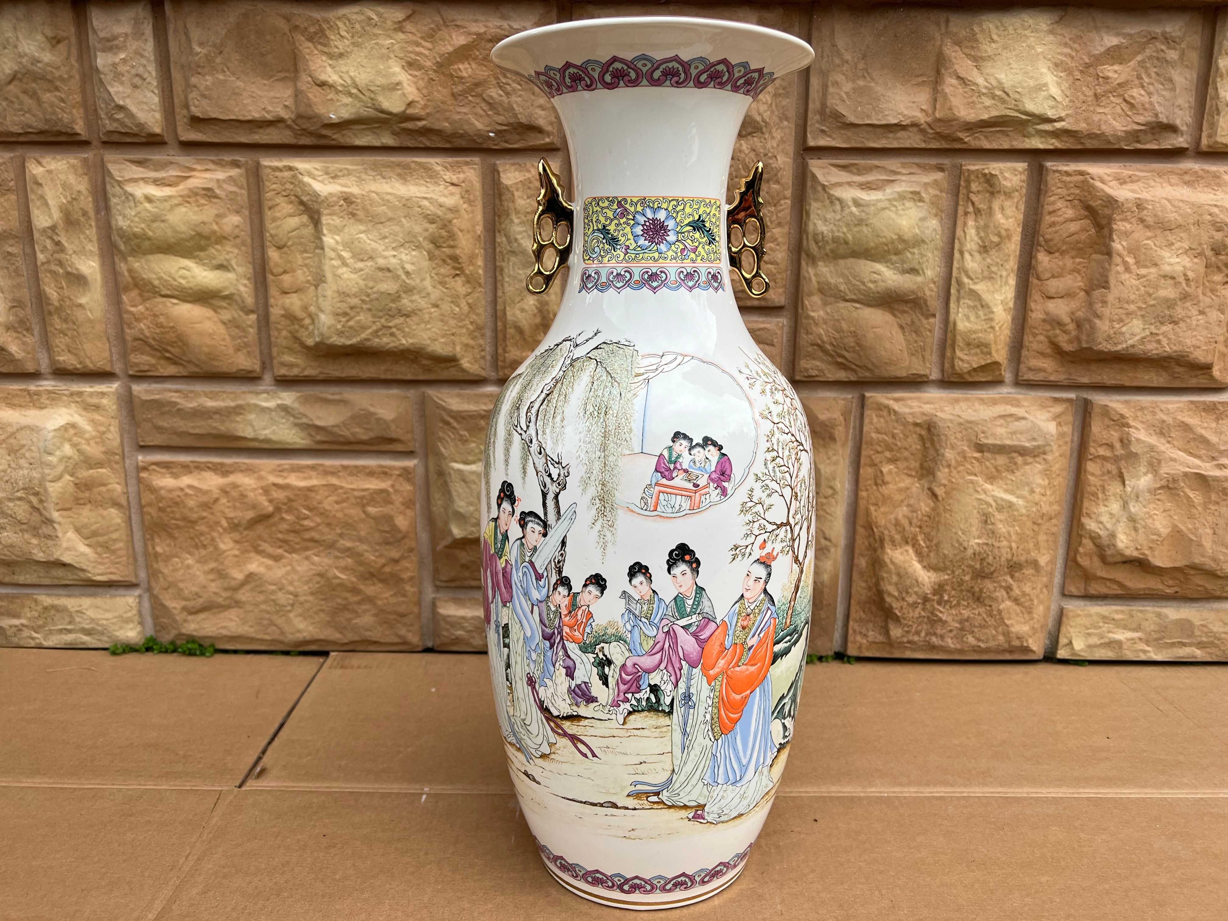 Wielki Wazon Na Kwiaty Porcelana Chiny Sygnowany Malowany Vintage B516