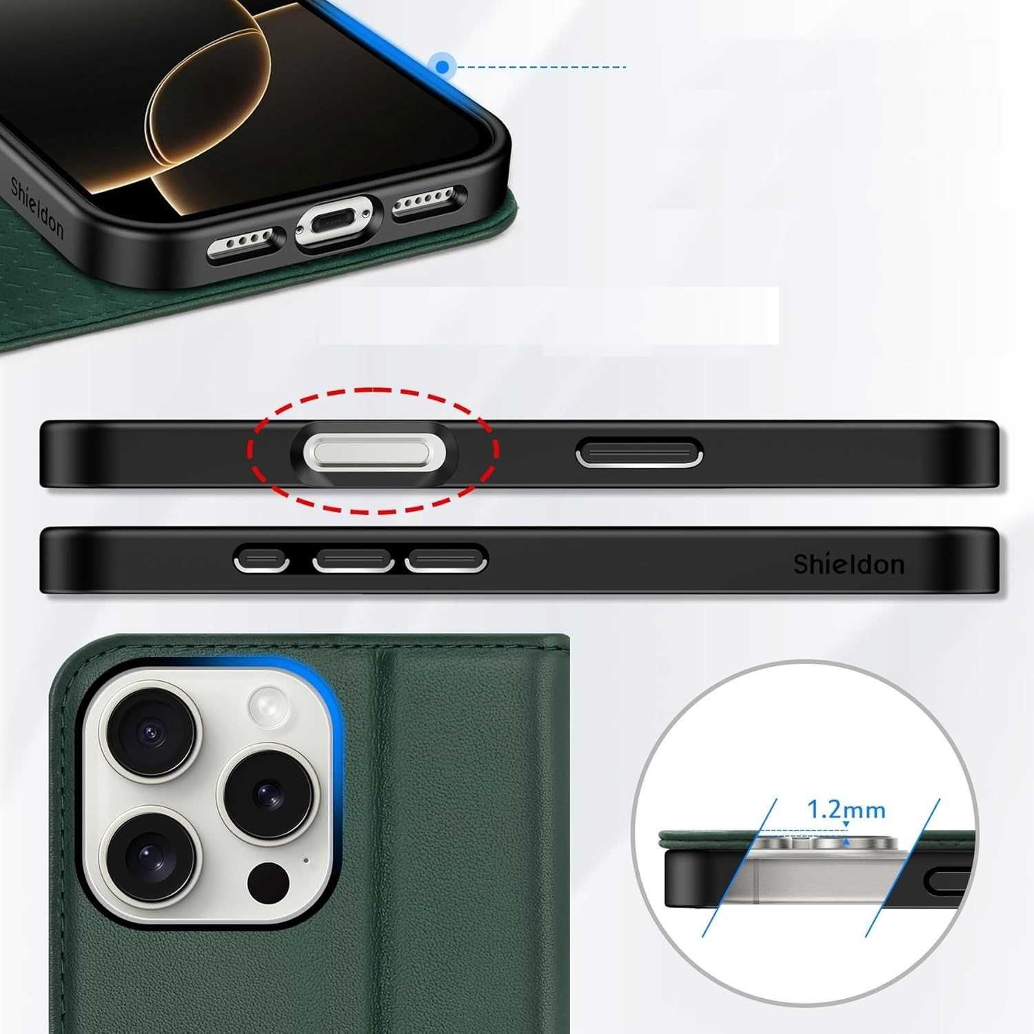 Shieldon naturalne etui skórzane do iPhone 16 Pro Max z klapką zielone