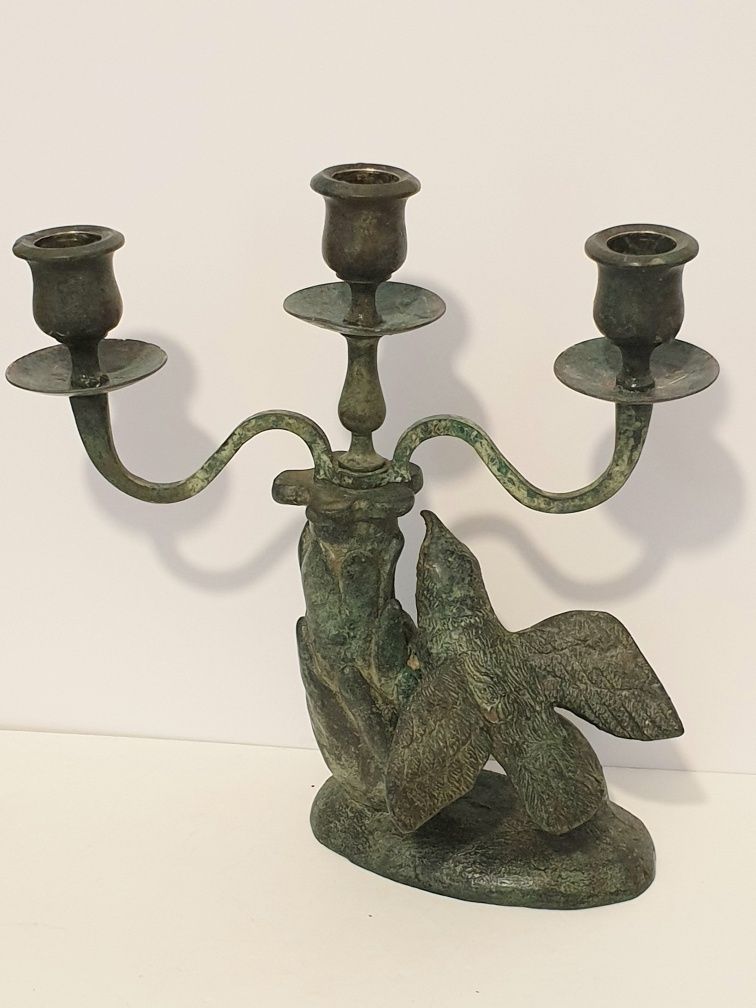 Antigo castiçal  de 3 lumes em bronze com pássaro