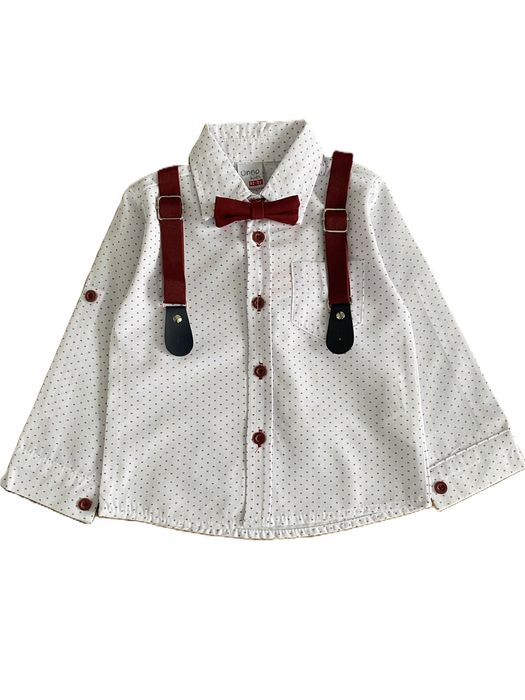 Elegancki komplet chłopięcy koszula spodnie mucha szelki r. 134