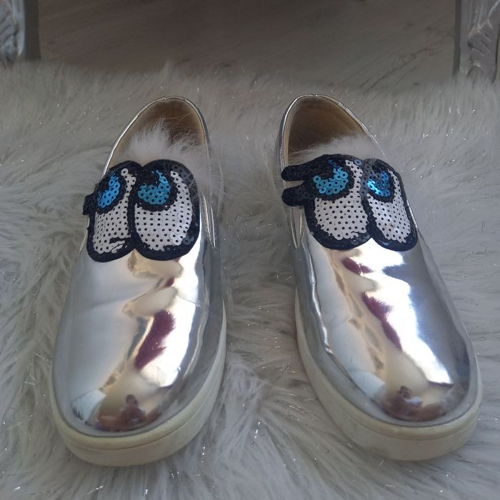 Buty srebrne błyszczące lustrzane cekinowe oczy 39 płaskie półbuty