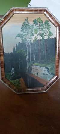 obraz olejny  pejzaż las i strumień rozmiar ok 30x50 w ramie