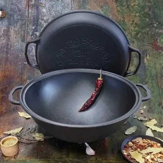 Казан чавунний узбецький об`ємом 12 л WOK із кришкою-сковородою гриль