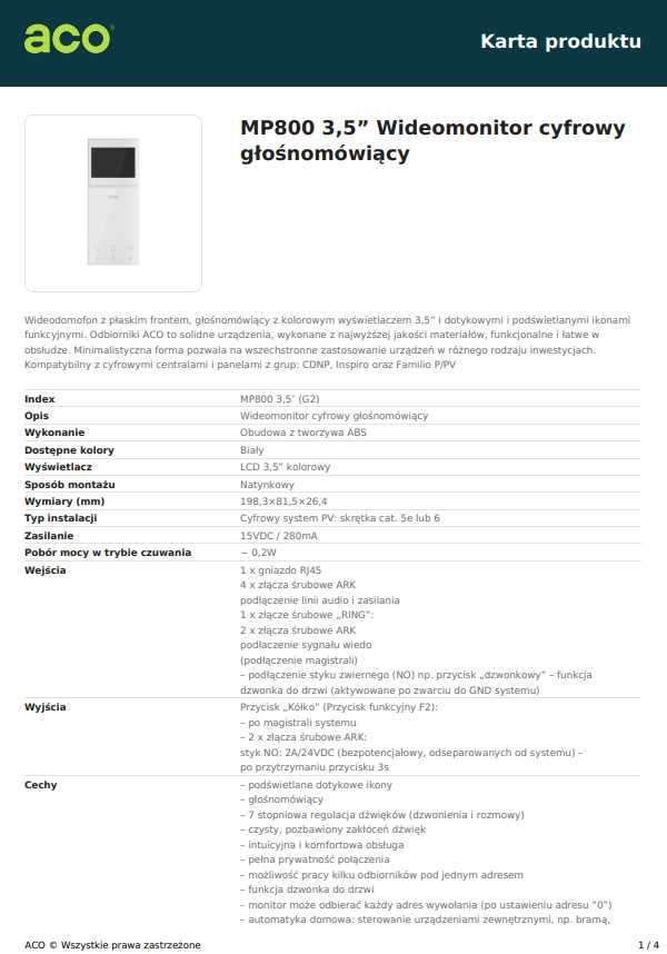 ACO MP800 3,5” Videomonitor cyfrowy głośnomówiący Videodomofon
