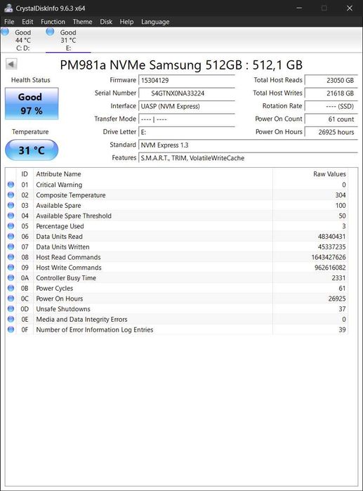 SSD 512Gb M.2 2280 NVMe PCIe Gen 3.0 x4 Samsung PM981a 49 - 100%