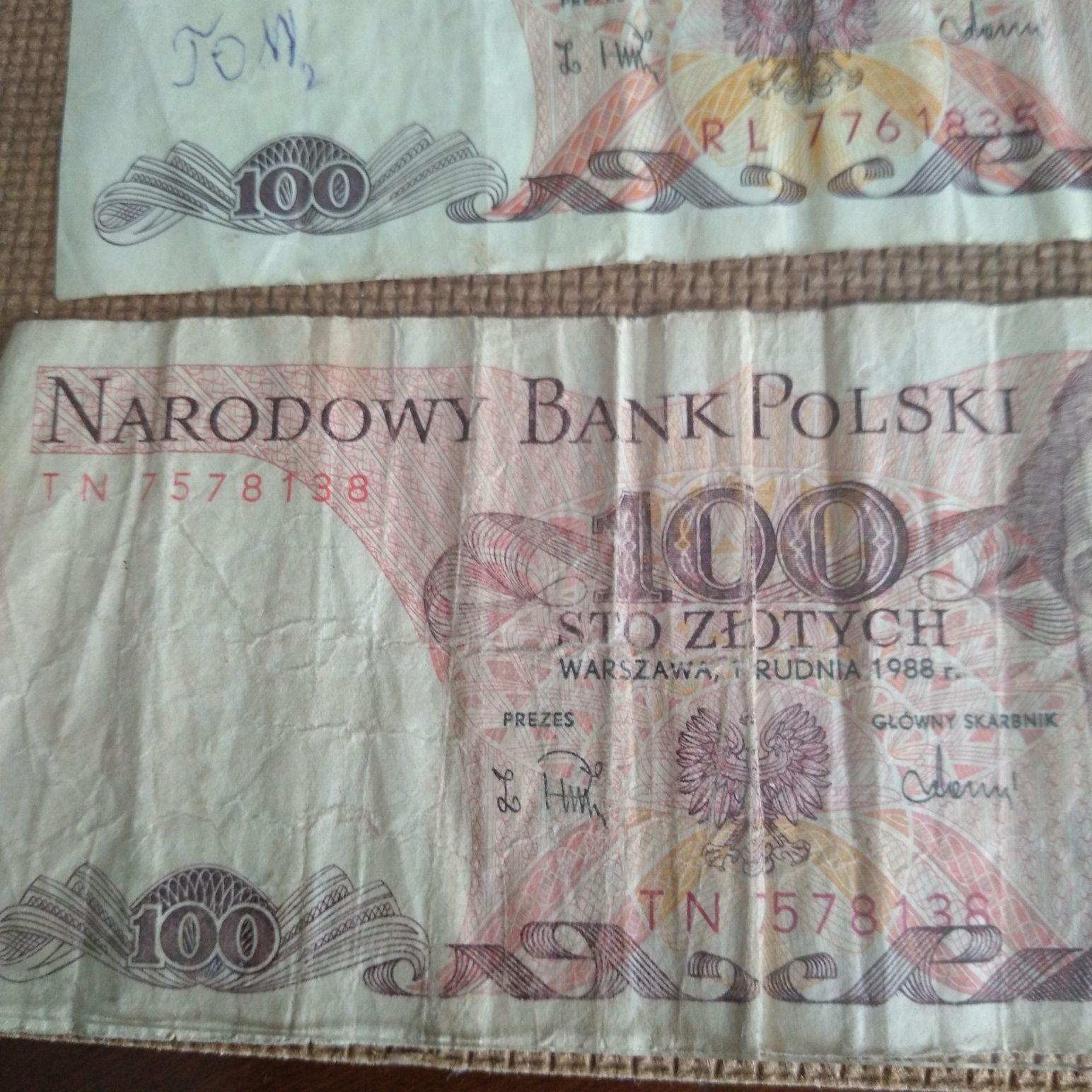 Banknoty 100zl Prl ,1988r TN,1988r RL,1986r SS