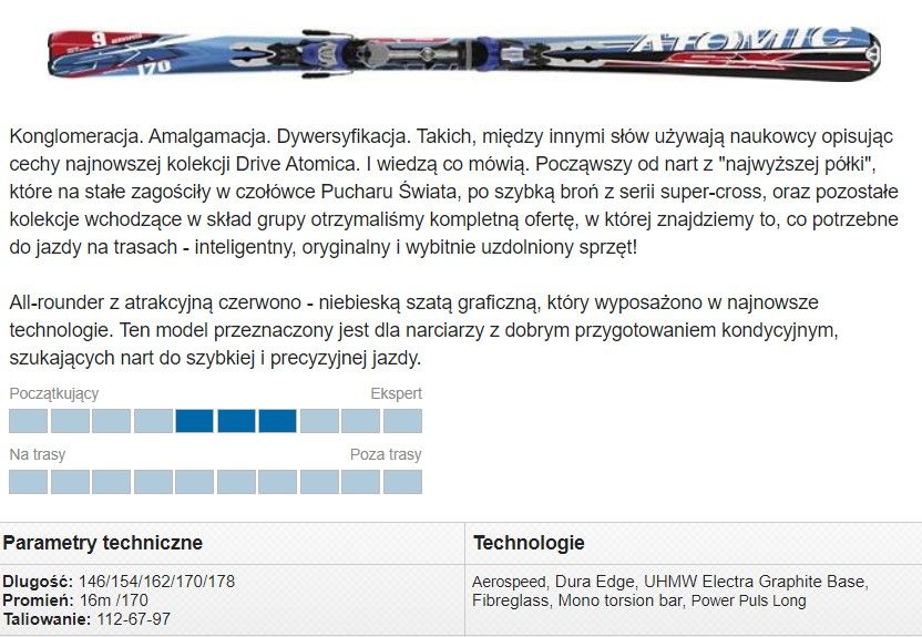 Narty Atomic SX 9 ppl 170 dla średnio i zaawansowanych + kijki gratis