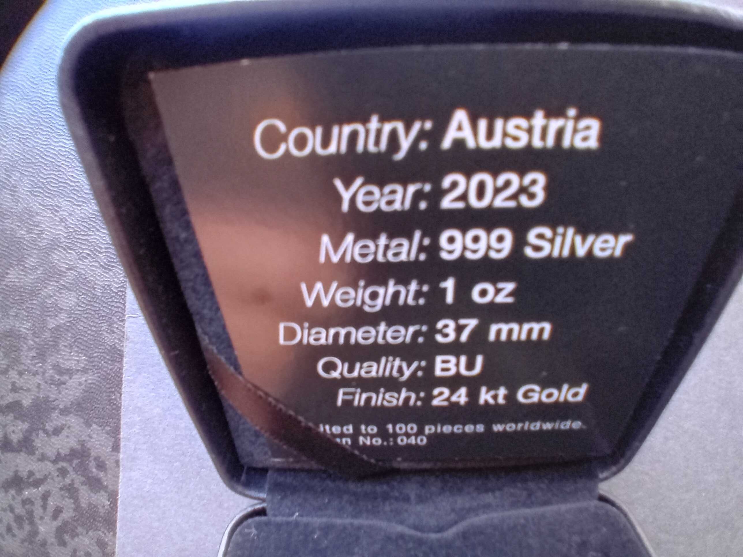 MOEDA 1 1/2 euros 2023 Áustria, prata pura 1 onça 37m/m, ver descriçao