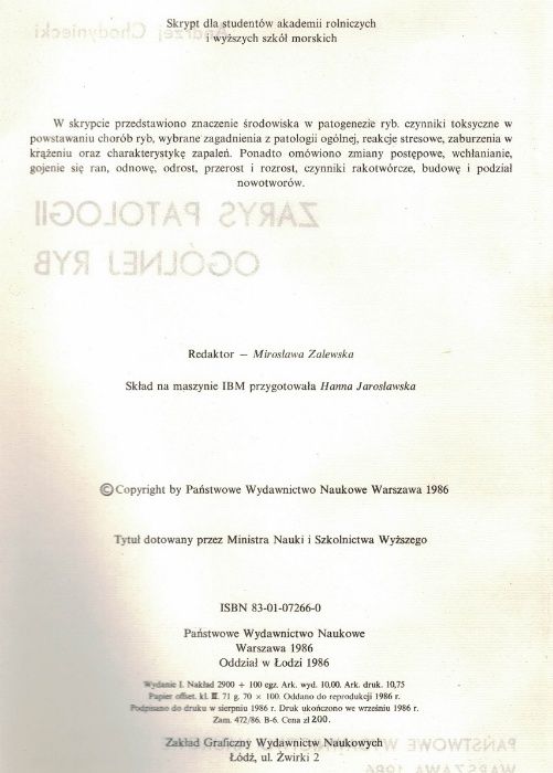 Zarys Patologii ogólnej ryb Andrzej Chodyniecki PWN 1986