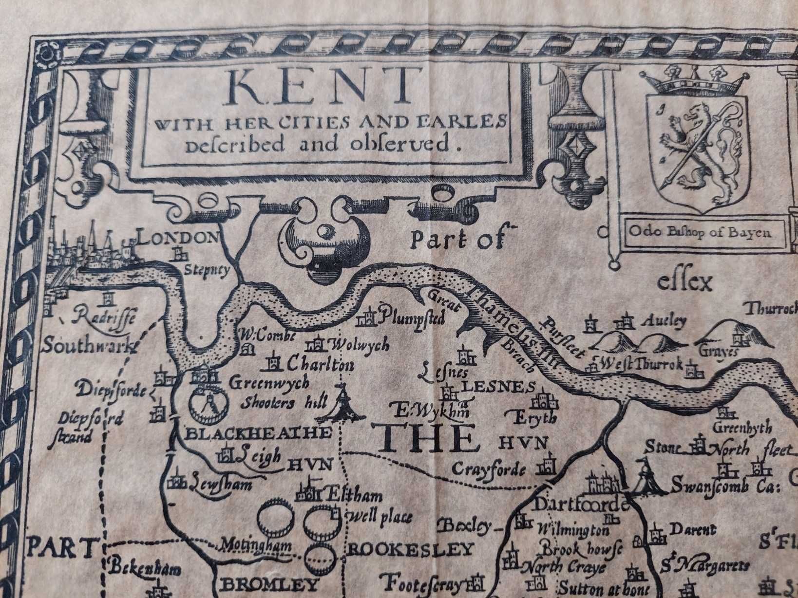 Карта графства Кент.Сзади надпись ручкой  1616 Джон Спид.