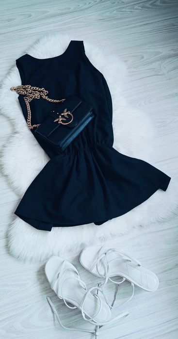 Piękny 100%len dobra metka  czarny zwiewny kombinezon sukienka spódnic