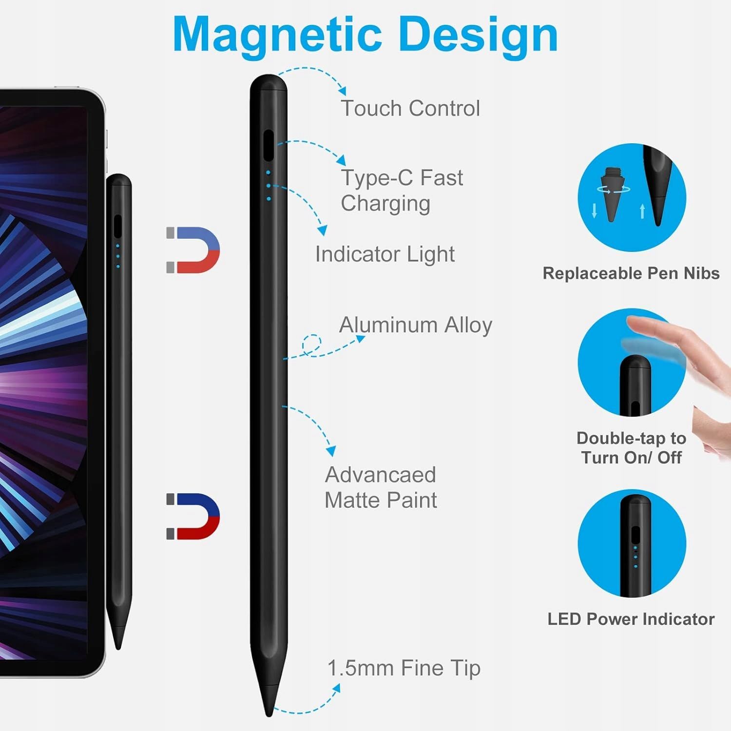 Rysik do iPada iOS 2018/2025 Magnetyczny Precyzyjny Czarny Ipad Pencil