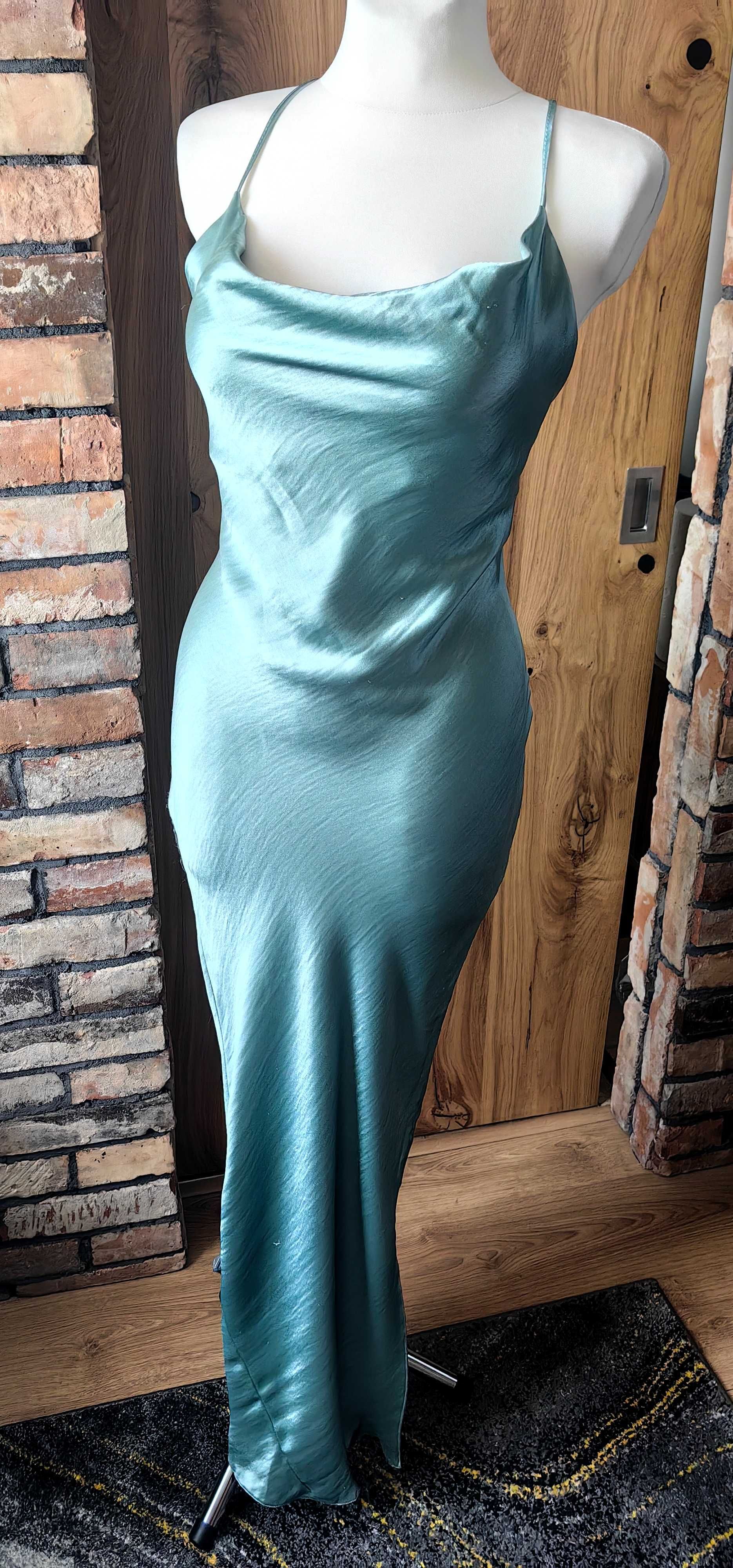 Długa satynowa sukienka damska na ramiączkach zielona asos L 40