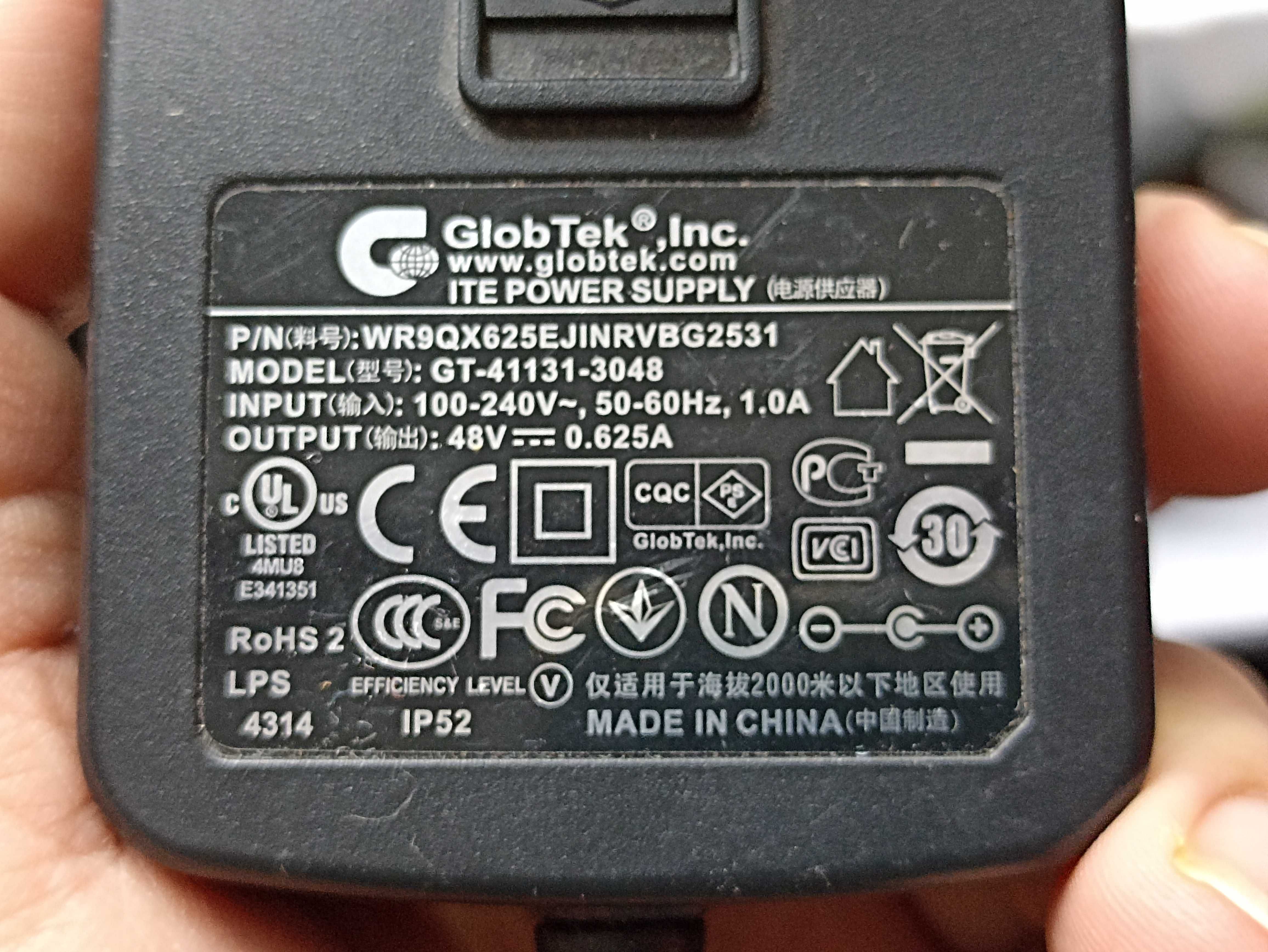 Genuine Globtek GT-41131-3048 AC Adapter 48V 0.625A 2.5x0.7mm OEM