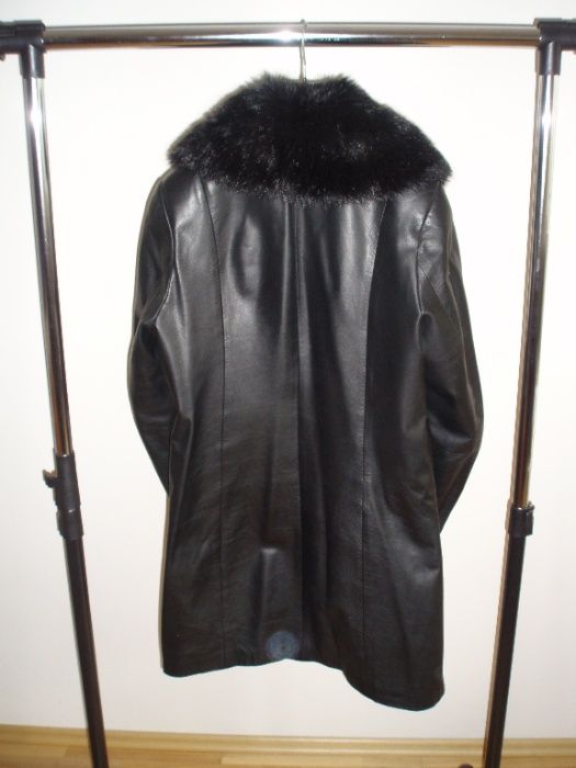 Skórzany płaszcz damski jesienno-zimowy czarny XL