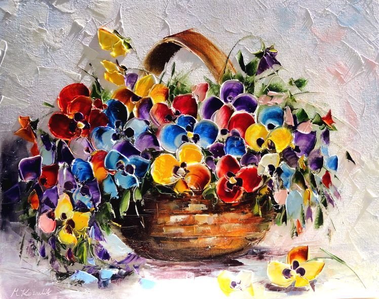 Obraz olejny - 50x40 cm kwiaty bratki