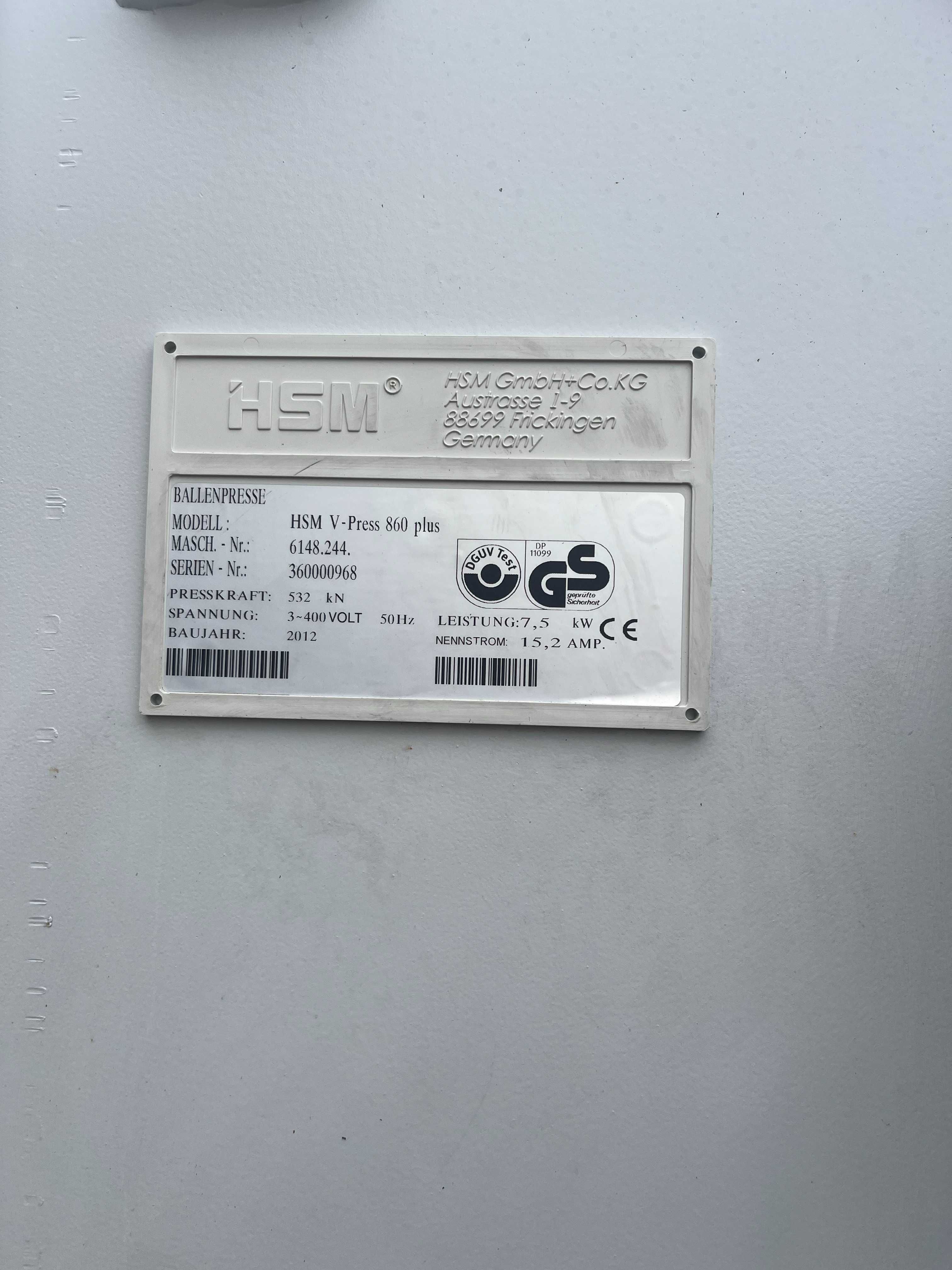 Belownica prasa do makulatury folii odzieży kartonu HSM V-press860plus