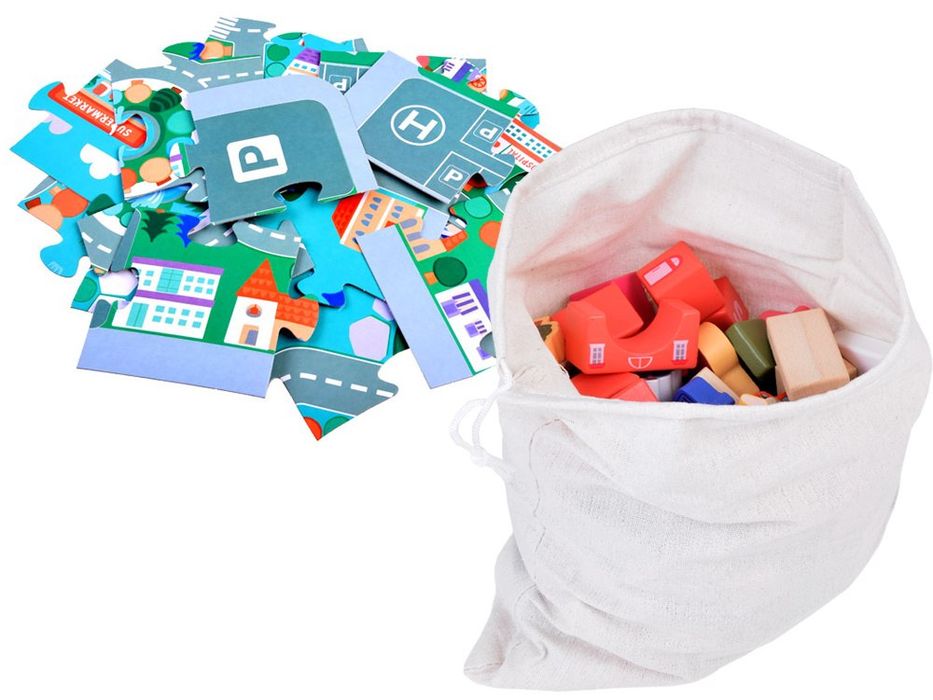 Pastelowy Zestaw Klocki drewniane Miasteczko + Mata puzzle 115 ele