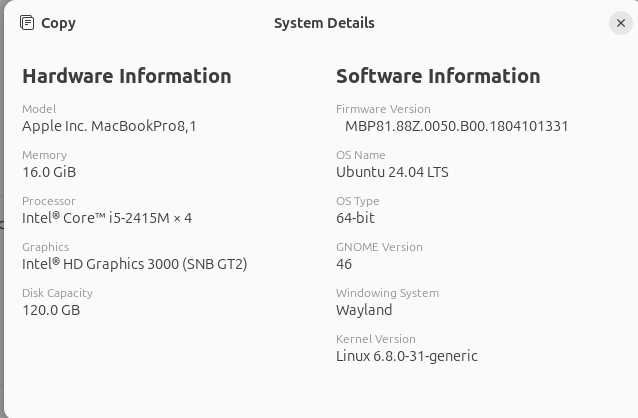 Macbook Pro 2011 i5 16GB 120GB SSD Ubuntu 24.04