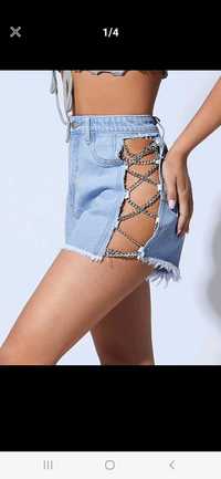Nowe spodenki damskie szorty jeansowe dżinsy z łańcuszkami 36