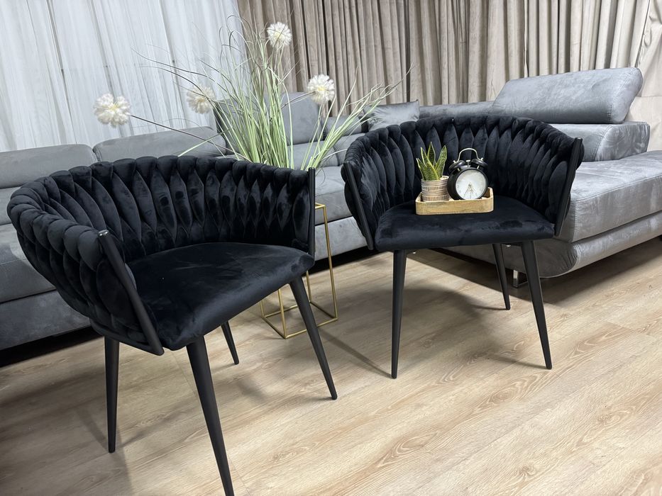 Nowe Krzesło Welurowe Plecione Glamour Wygodne Czarne Meble Dom Fotel