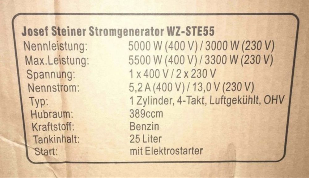 Бензиновый генератор Josef Steiner WZ-STE 55 (220/380V; 3,0/5,0 кВт).