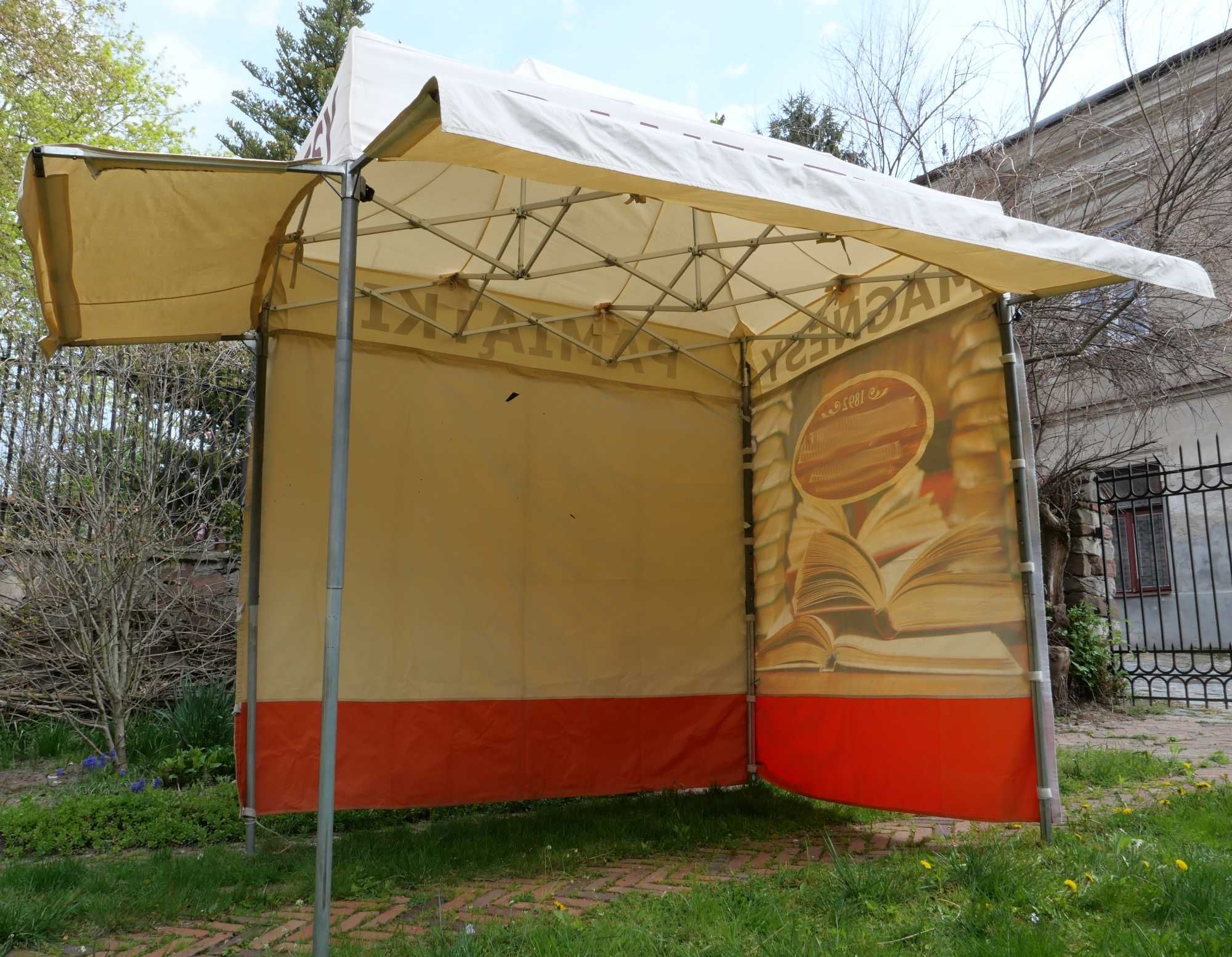Namiot handlowy reklamowy z nadrukami ecru 1,7x2,5 m solidny + daszki