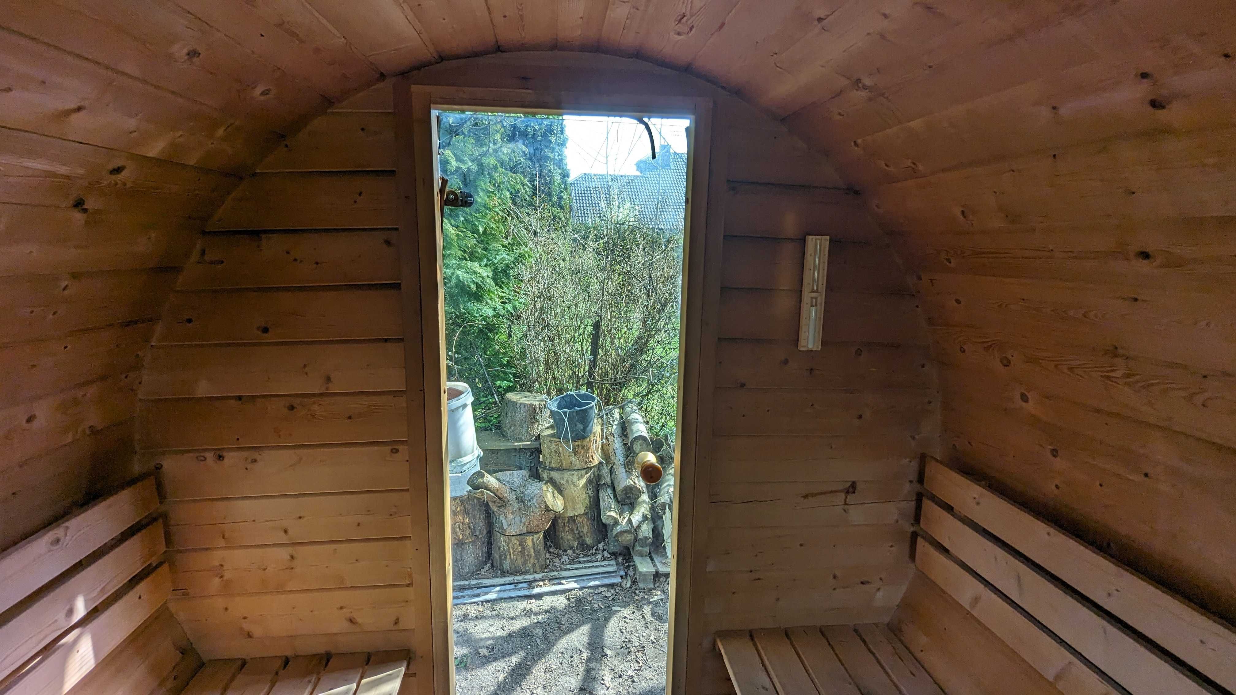 Sauna ogrodowa z piecem na drewno beczka