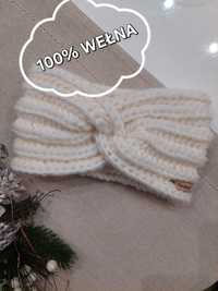 Opaska headband handmade ręcznie robiona 100% wełna ecru kremowa